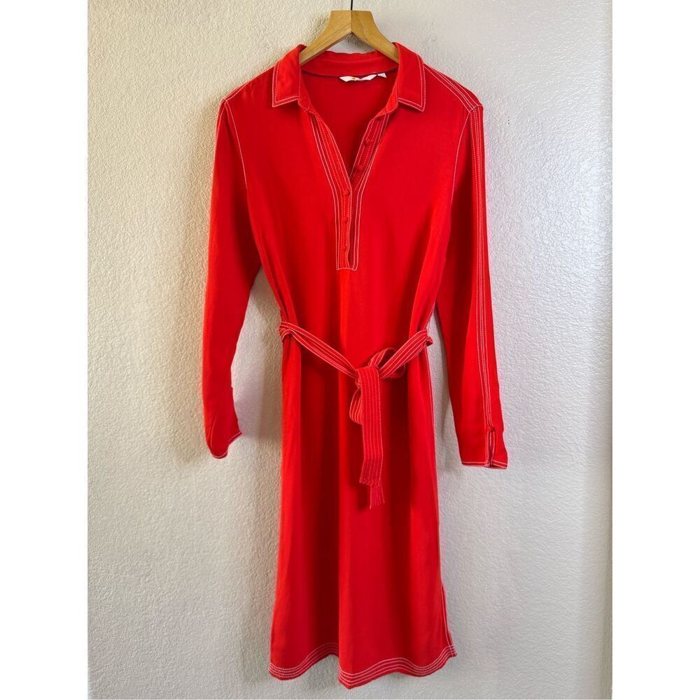 Boden Red Long Sleeve Belted Dress